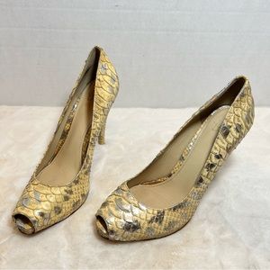 Joan & David Women’s Leather Metallic Snakeskin Embossed Open Toe Heels Size 8